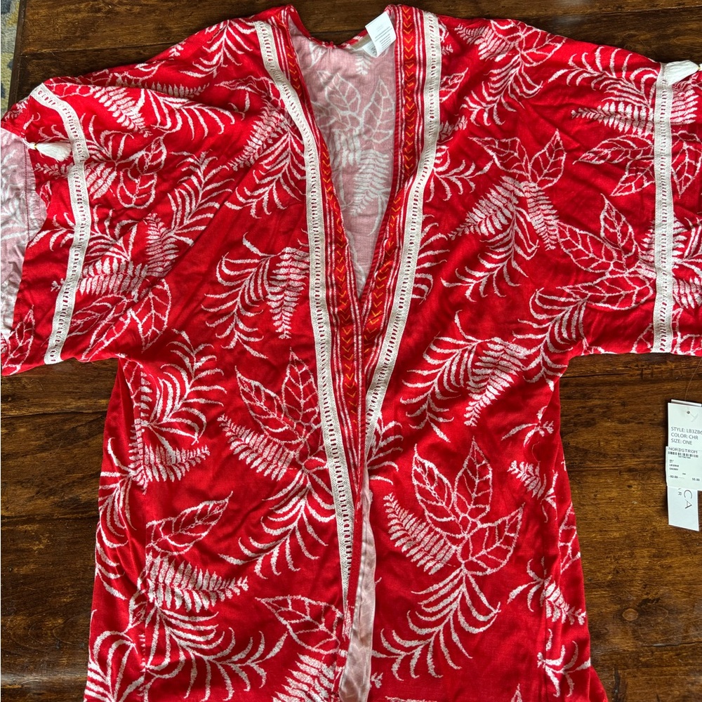 La Blanca Cherry Red & White Tropical Tapestry Embroidered Swim Coverup NWT